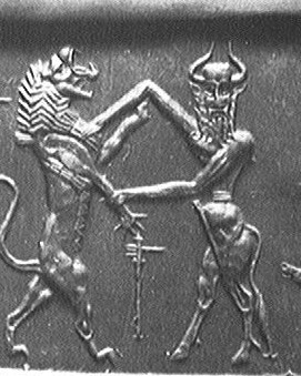 A scene from the Epic of Gilgamesh on a clay cylinder