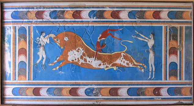 A fresco in Knossos, Crete, depicting bull leaping (photo by Lapplaender)