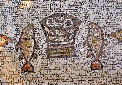 Mosaic in the Church of the Multiplication of Loaves and Fish at Tabgha near the Sea of Galilee, Israel
