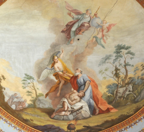 A detail of The Sacrifice of Isaac (Fresco by Franz Xaver Kirchebner). Note the ram in the lower right.