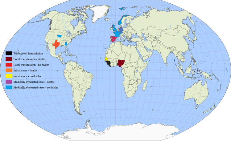 The locations affected by the 2014 Ebola Outbreak as of mid-October (image by AmericanXplorer13).