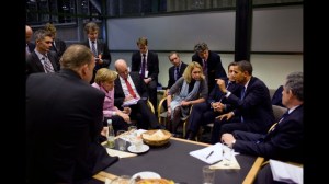 President Barack Obama briefs European leaders following a multilateral meeting at the United Nations Climate Change Conference in Copenhagen, Denmark, 2009