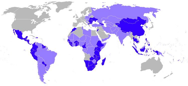 Countries served by Peace Corps Volunteers as of 2009 (dark purple) and countries formerly served (light purple). Image is by Valio Vitanov (license CC-BY-SA 2.5).